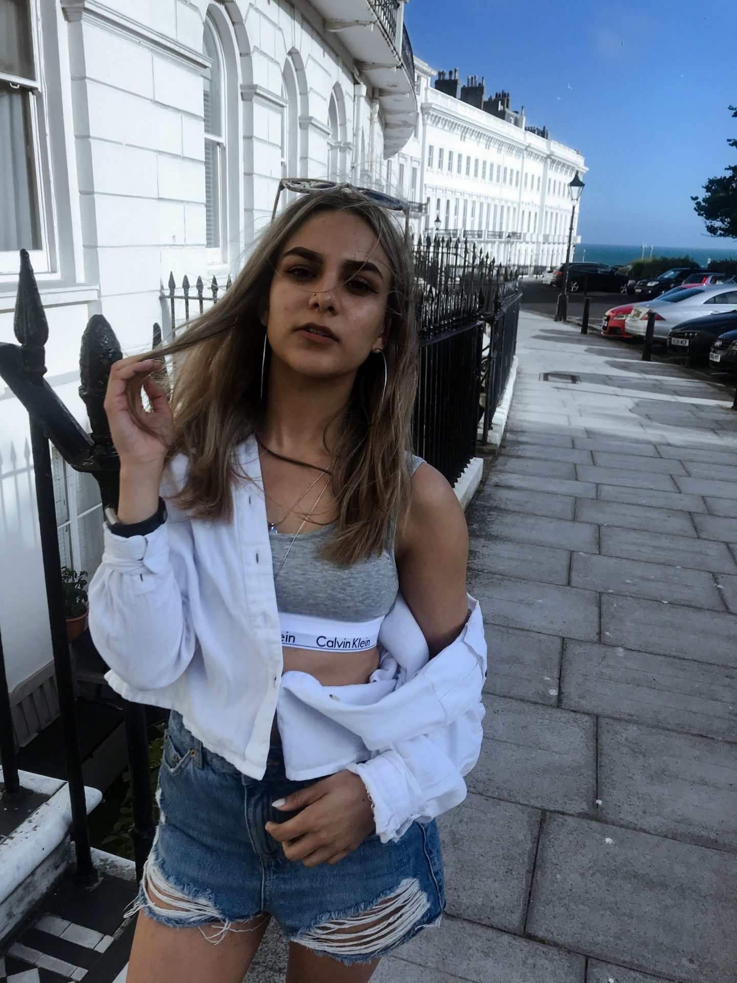 yasmin stefanie calvin klein bralet my calvins white shirt denim rip cutoff shorts 