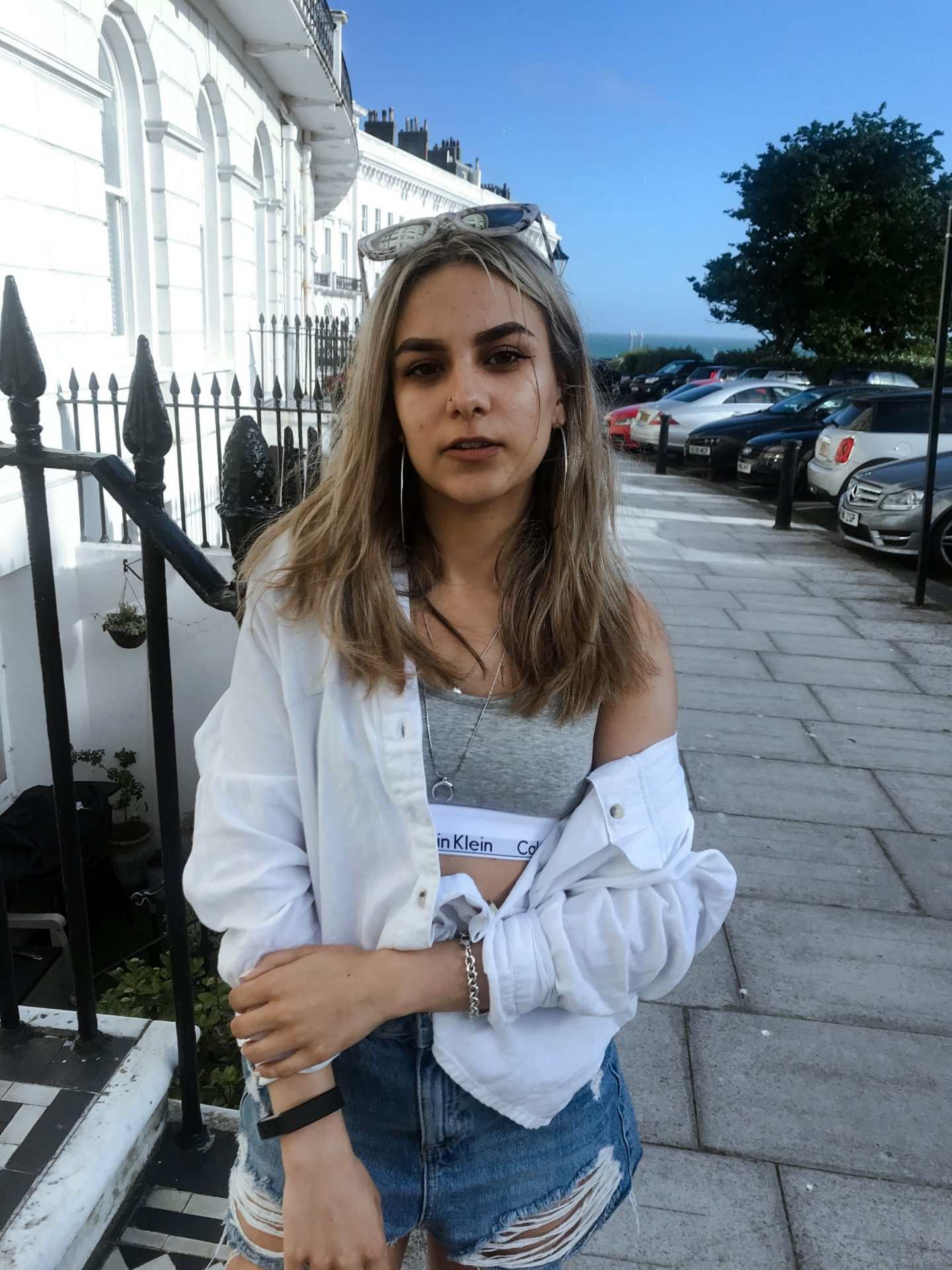 yasmin stefanie calvin klein bralet my calvins white shirt denim rip cutoff shorts
