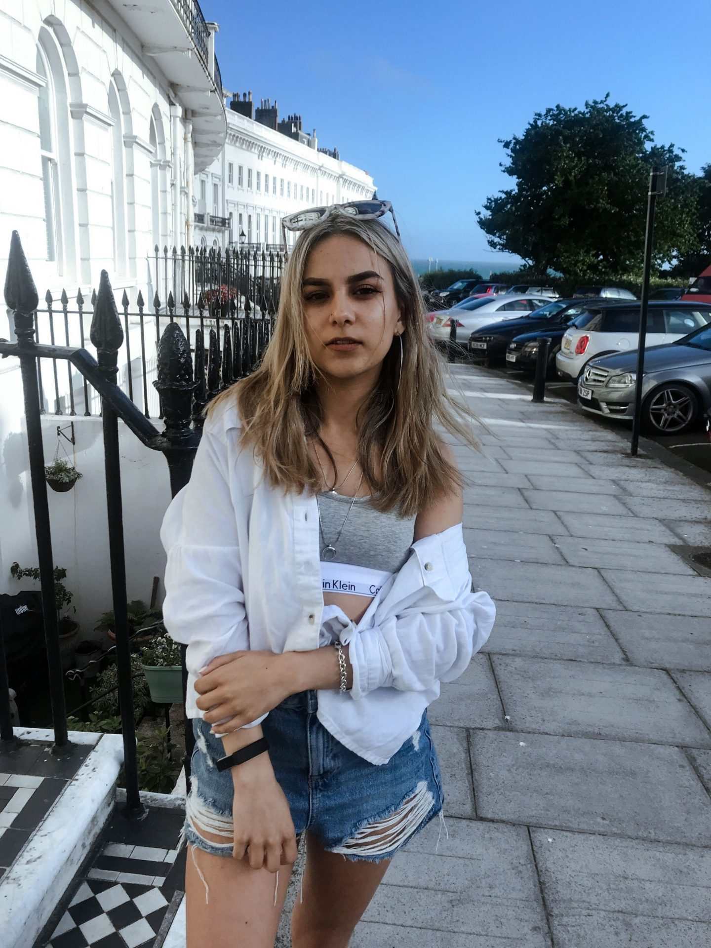 yasmin stefanie calvin klein bralet my calvins white shirt denim rip cutoff shorts
