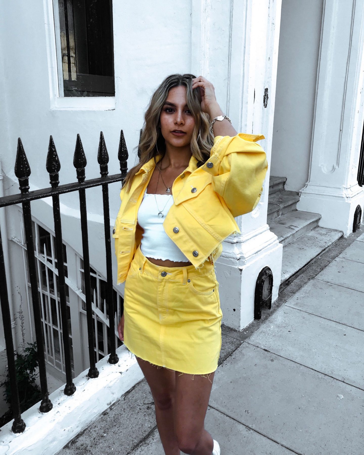 yasmin stefanie topshop yellow denim co ord ciara chunky trainers summer ss18 trends