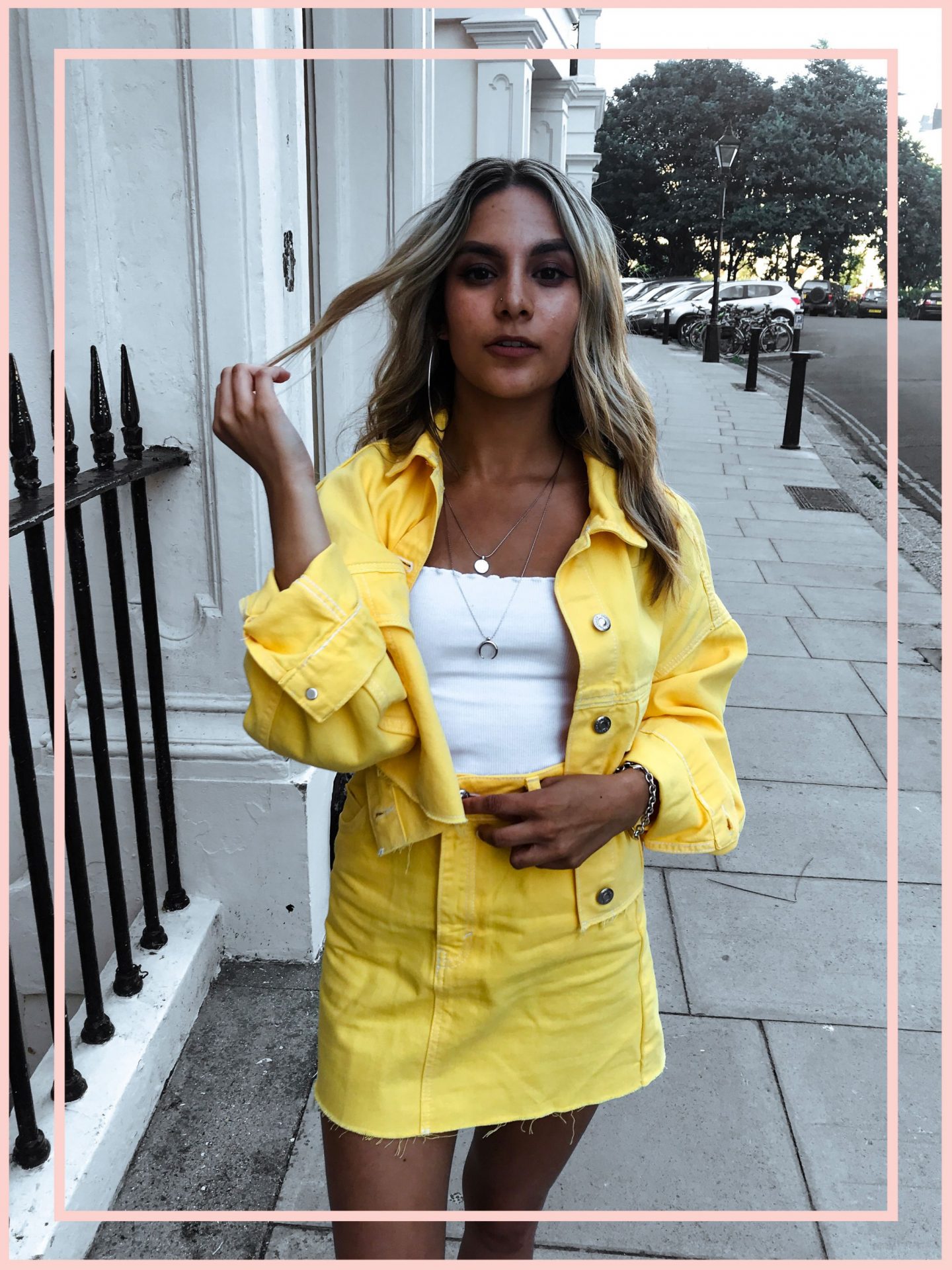 yasmin stefanie topshop yellow denim co ord ciara chunky trainers summer ss18 trends