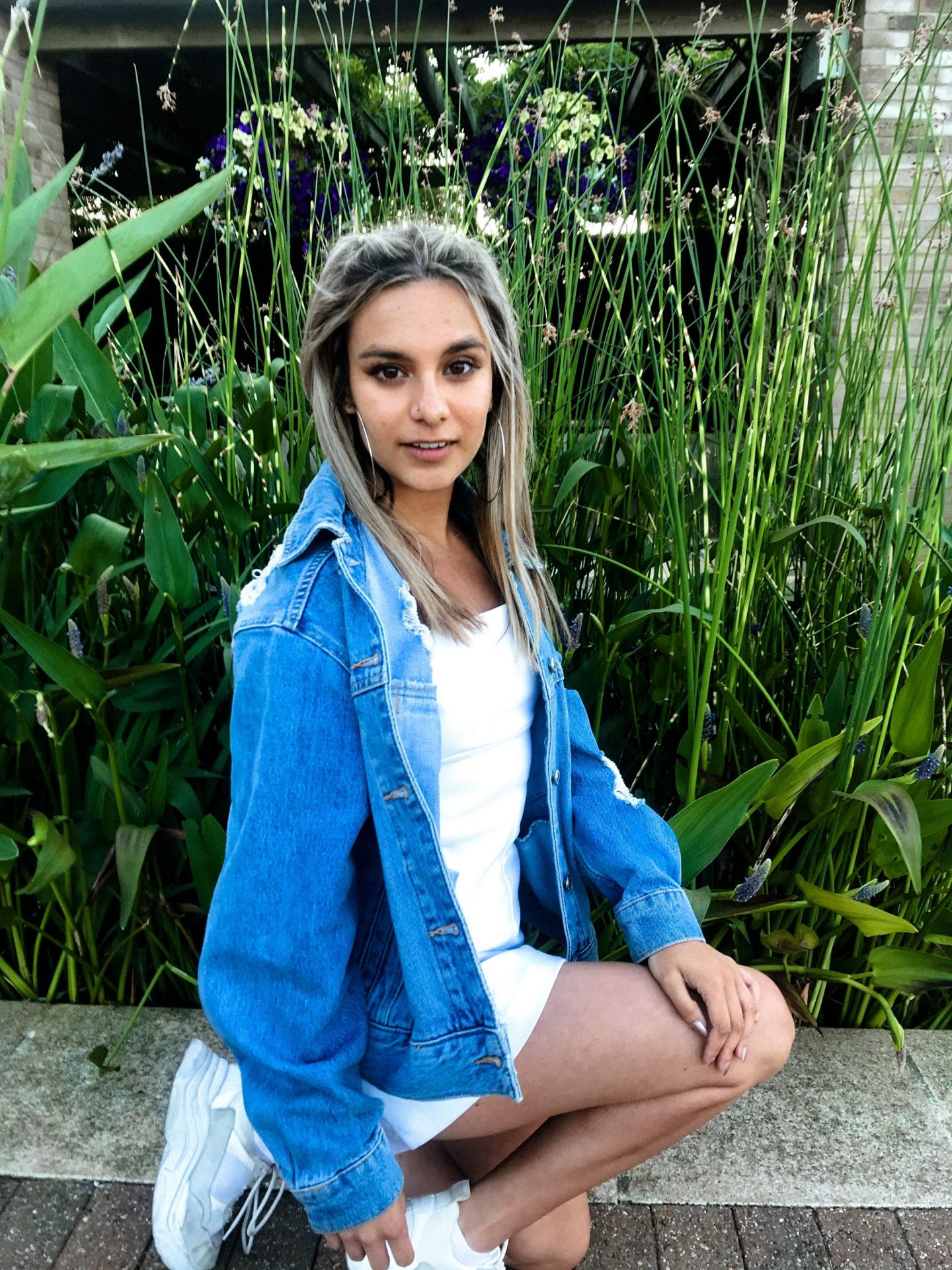 yasmin stefanie wimbledon urban outfitters white audrey slip dress topshop denim jacket ciara chunky trainers 