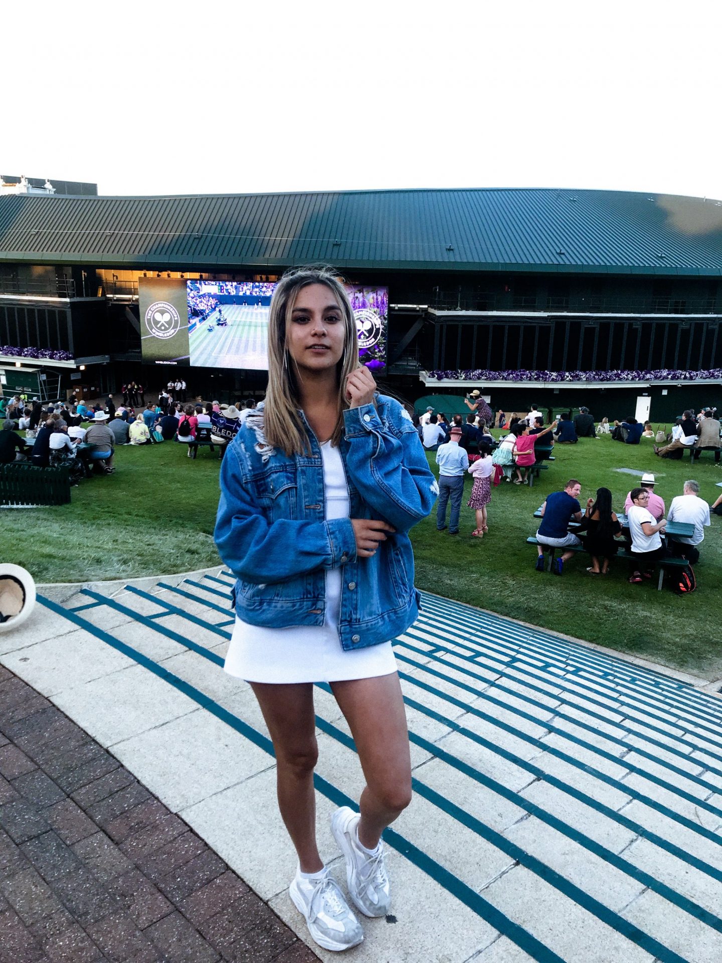 yasmin stefanie wimbledon urban outfitters white audrey slip dress topshop denim jacket ciara chunky trainers 