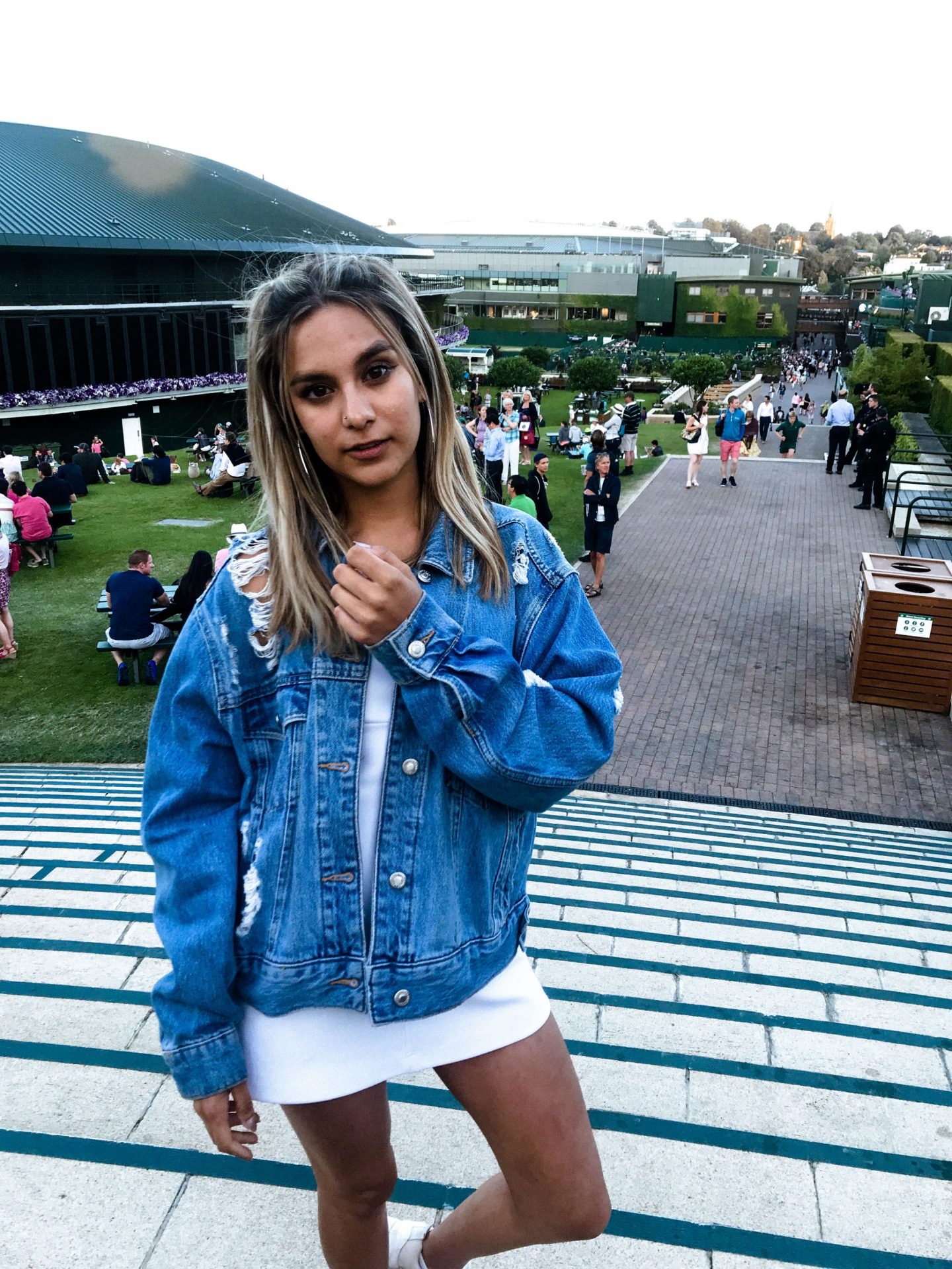yasmin stefanie wimbledon urban outfitters white audrey slip dress topshop denim jacket ciara chunky trainers 