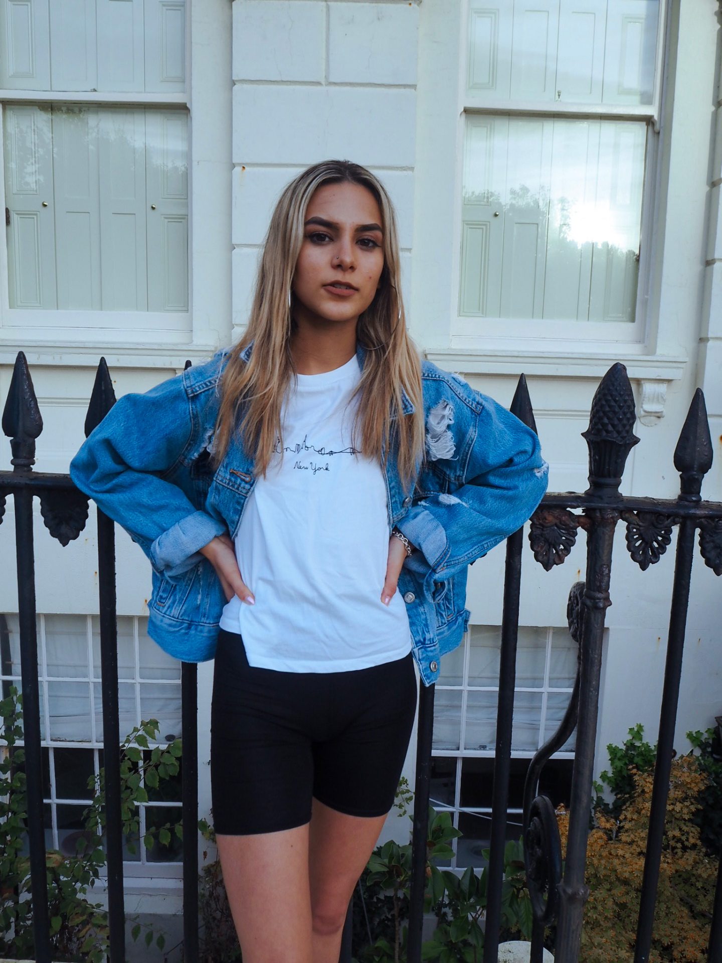 yasmin stefanie pretty little thing cycling shorts topshop denim jacket skyline t shirt chunky ciara trainers