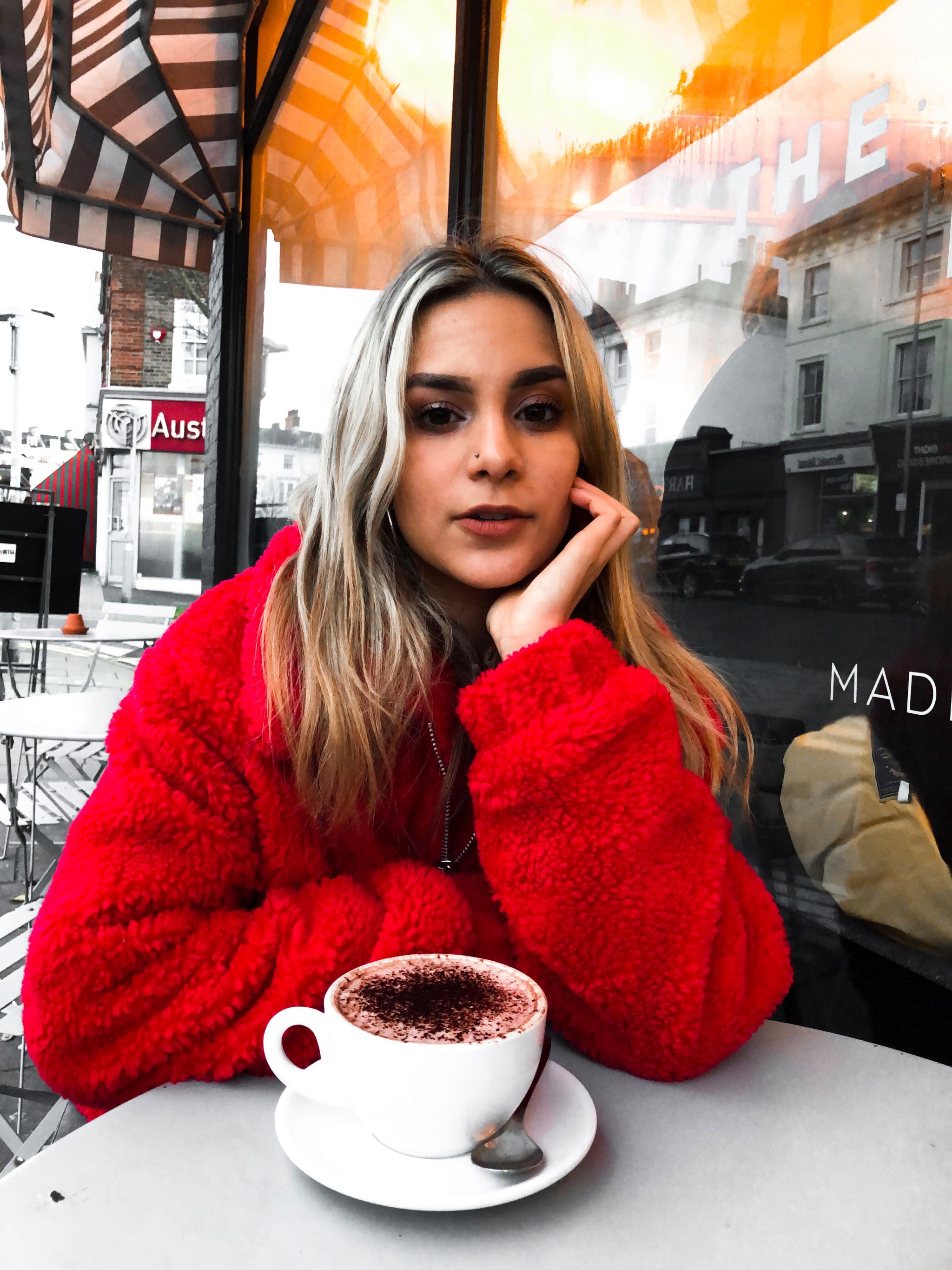 yasmin stefanie red teddy coat urban outfitters