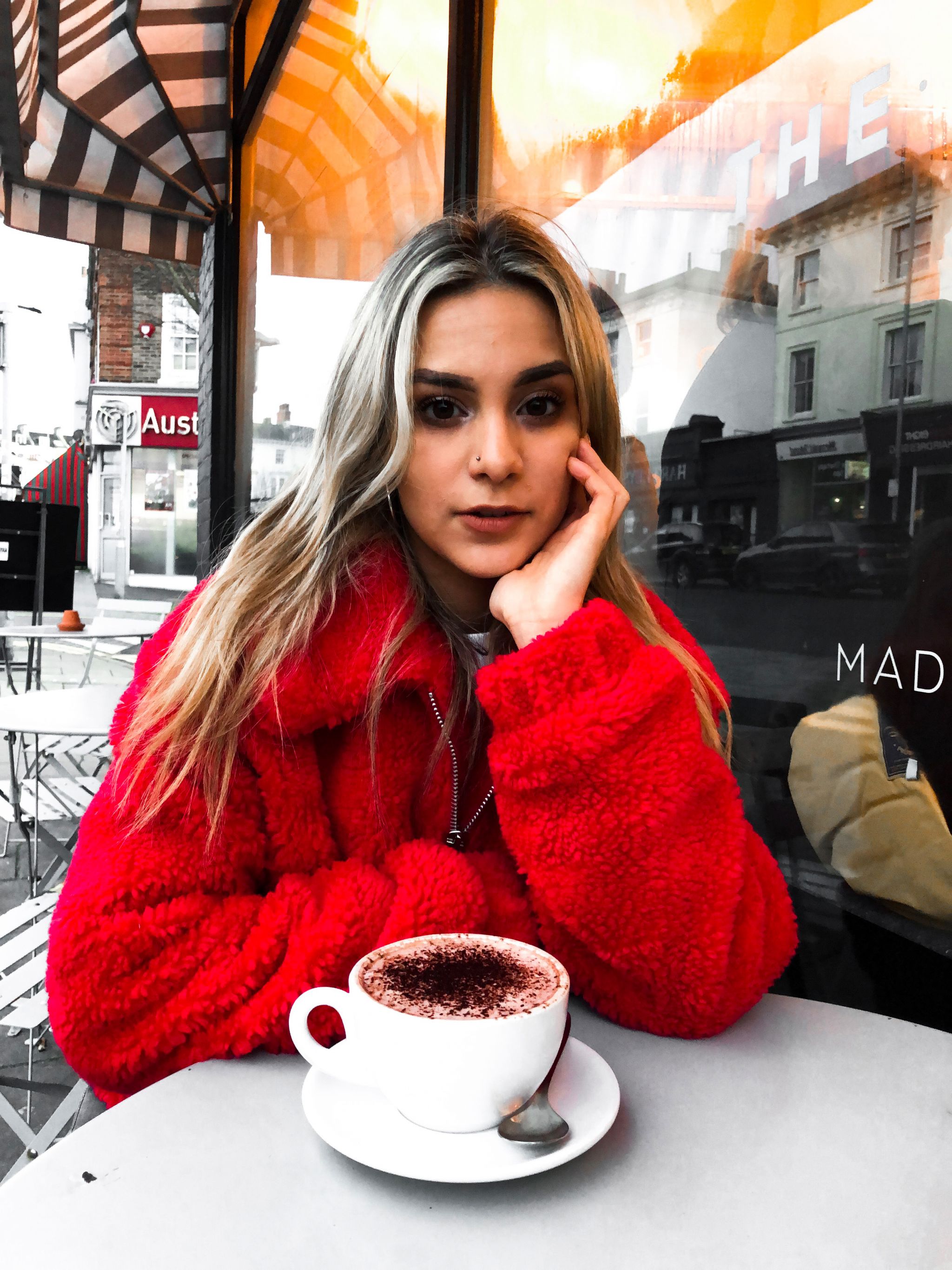 yasmin stefanie red teddy coat urban outfitters