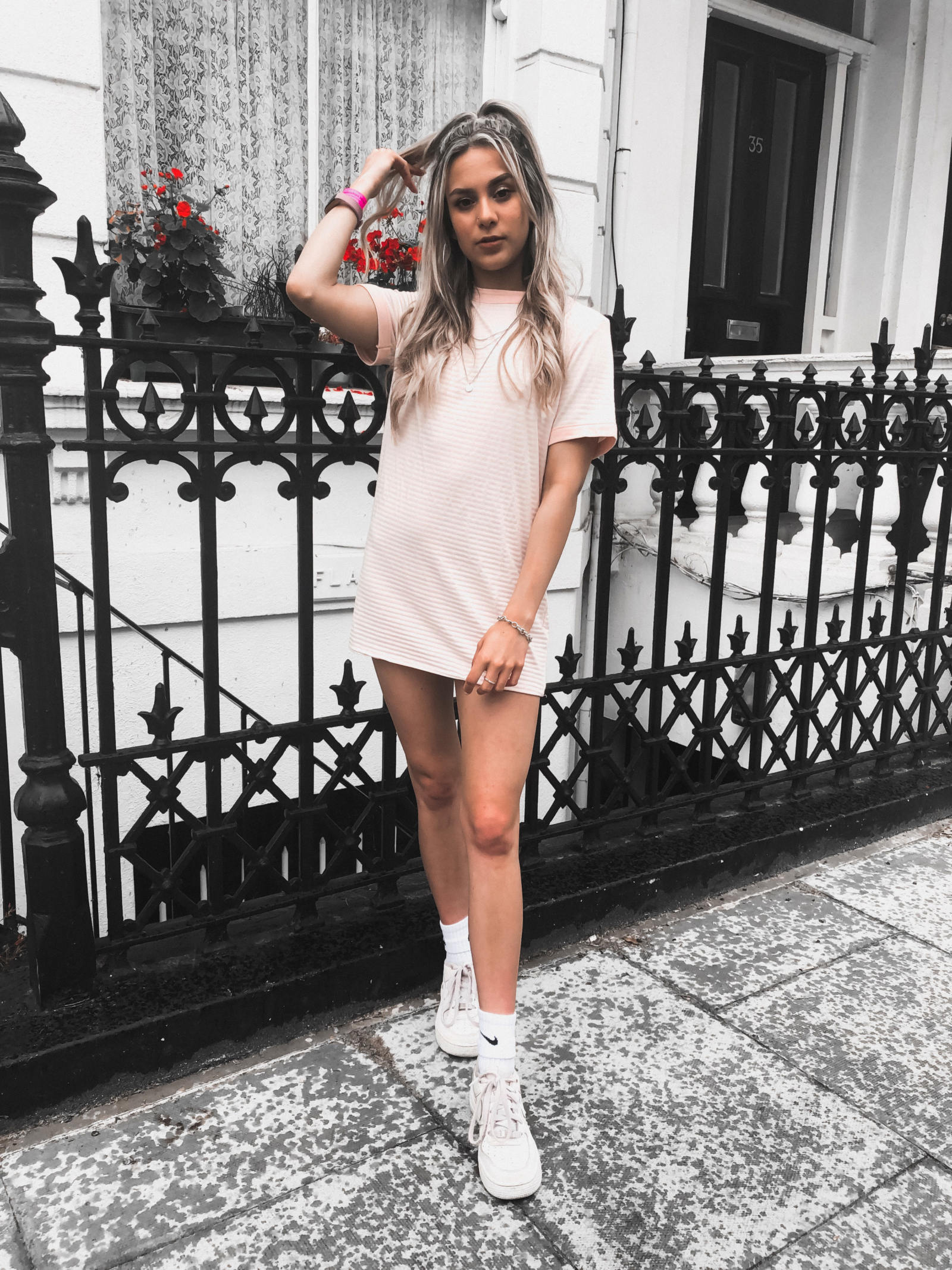 yasmin stefanie pretty little thing pink white stripe tshirt dress