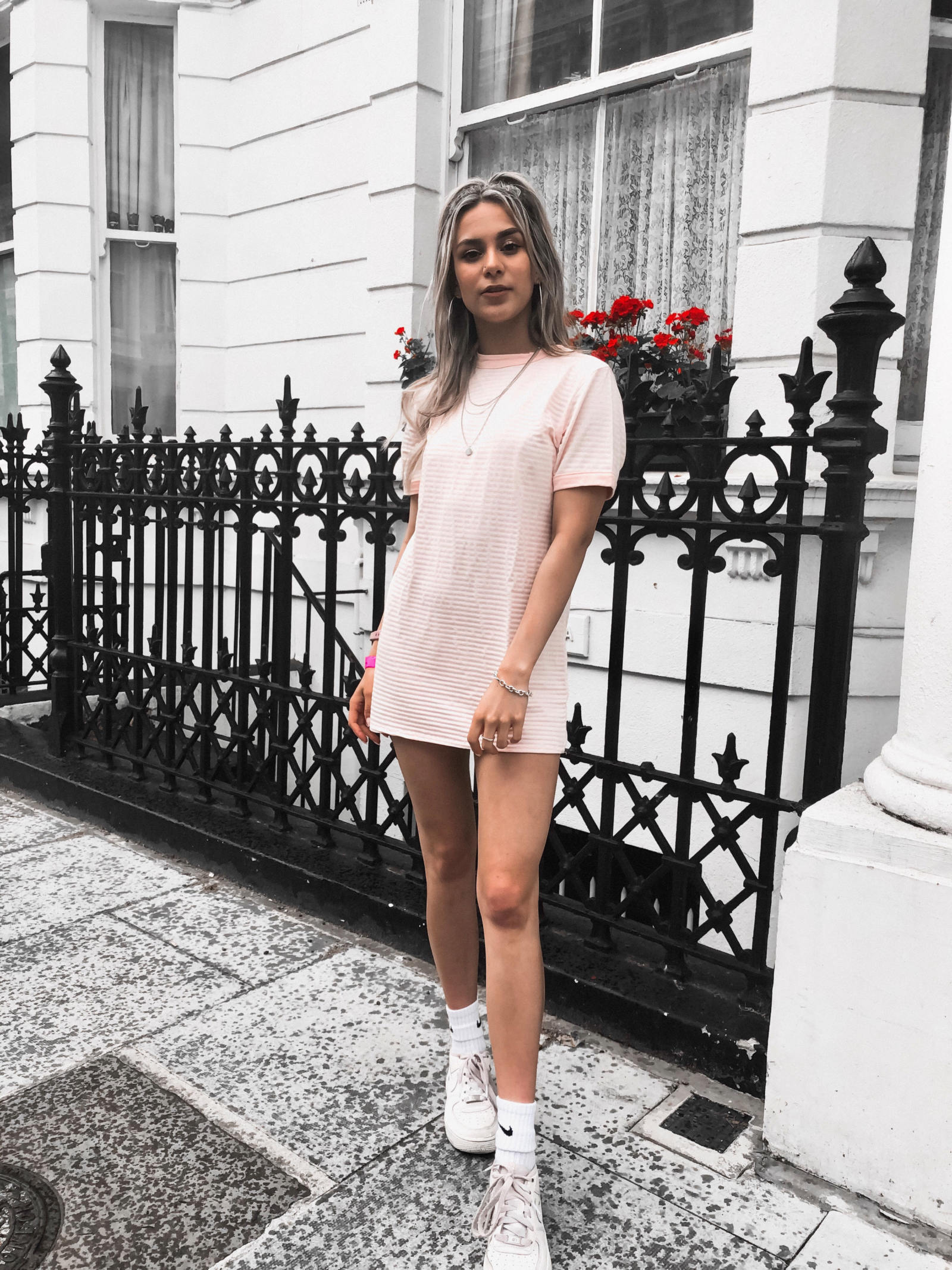 yasmin stefanie pretty little thing pink white stripe tshirt dress