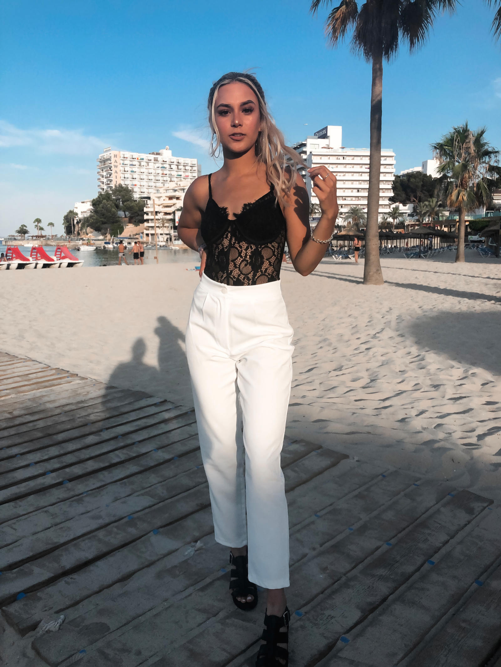 yasmin stefanie missguided black lace body boohoo white tailored trousers