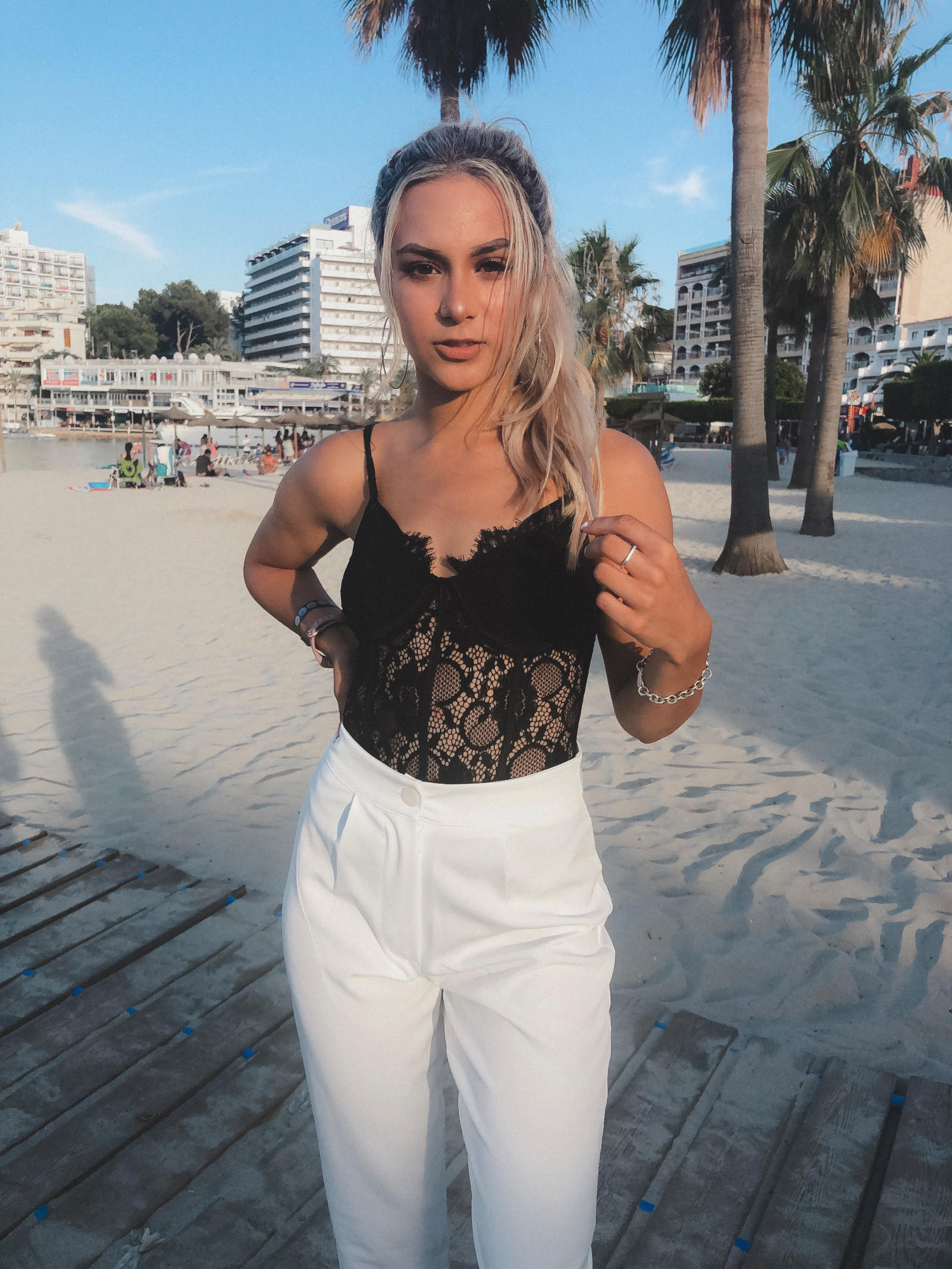 yasmin stefanie missguided black lace body boohoo white tailored trousers