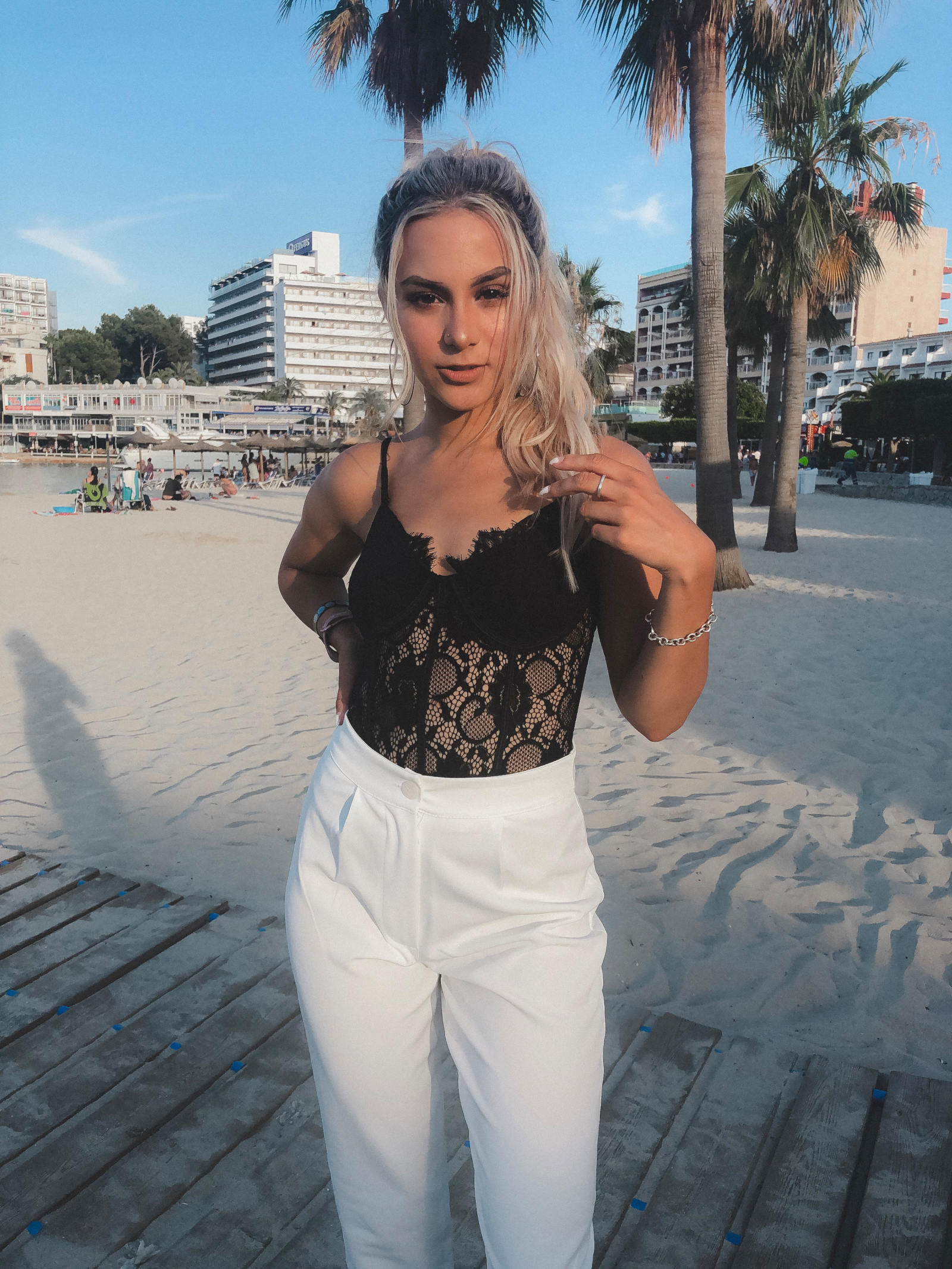 yasmin stefanie missguided black lace body boohoo white tailored trousers